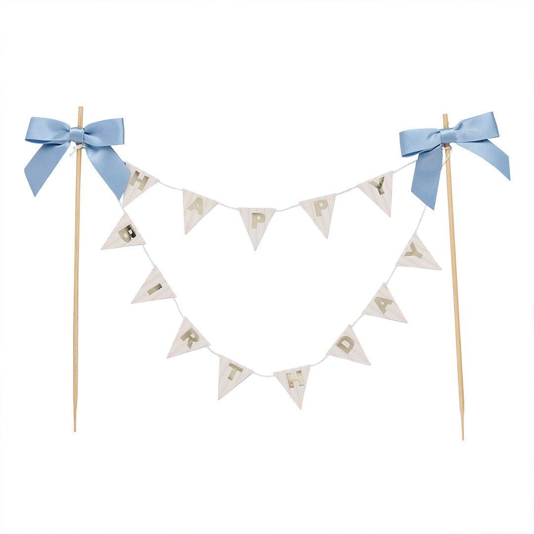 Cake Bunting Topper - Happy Birthday Banner Cake Topper - Vintage Pastel Pink & Blue Bow Garland - Gold Foil Lettering Flags-Rococo Cherries - Jolie Fete UK
