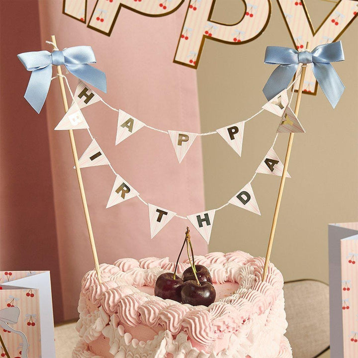 Cake Bunting Topper - Happy Birthday Banner Cake Topper - Vintage Pastel Pink & Blue Bow Garland - Gold Foil Lettering Flags-Rococo Cherries - Jolie Fete UK
