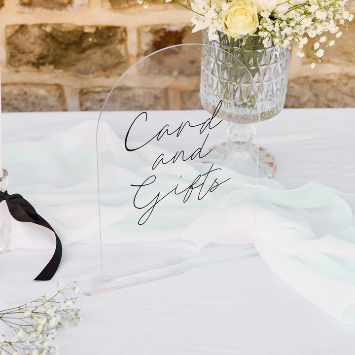 Clear Acrylic Cards and Gifts Sign - Wedding Table Decor With Black Script Lettering - Modern Minimalist Reception Signage - Standing Plaque - Jolie Fete UK