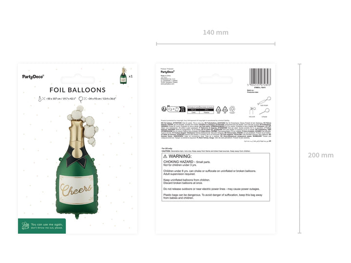 Champagne Bottle Foil Balloon - Cheers Celebration Decor - Large 93cm Green Balloon - Hen Party, Wedding, Graduation - Summer Party Supplies - Jolie Fete UK