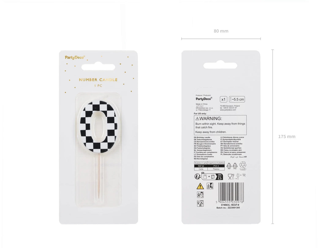 Cake Candle 0 - Checkered Flag Candle - Number 0 Birthday Cake Candle - Racing Car Party - Black & White Candle - Kids Party Decorations - Jolie Fete UK