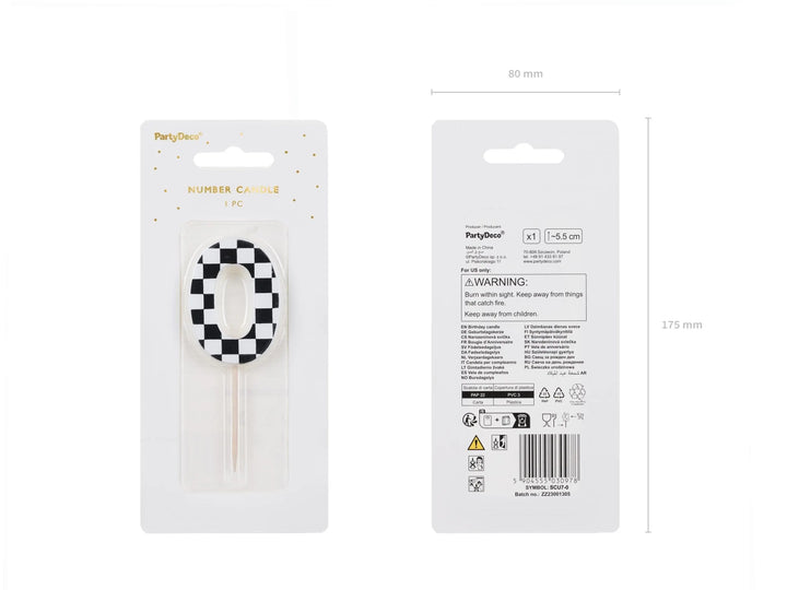 Cake Candle 0 - Checkered Flag Candle - Number 0 Birthday Cake Candle - Racing Car Party - Black & White Candle - Kids Party Decorations - Jolie Fete UK