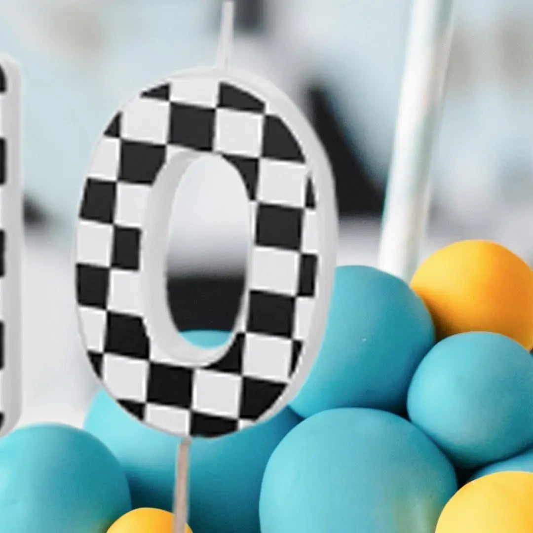 Cake Candle 0 - Checkered Flag Candle - Number 0 Birthday Cake Candle - Racing Car Party - Black & White Candle - Kids Party Decorations - Jolie Fete UK