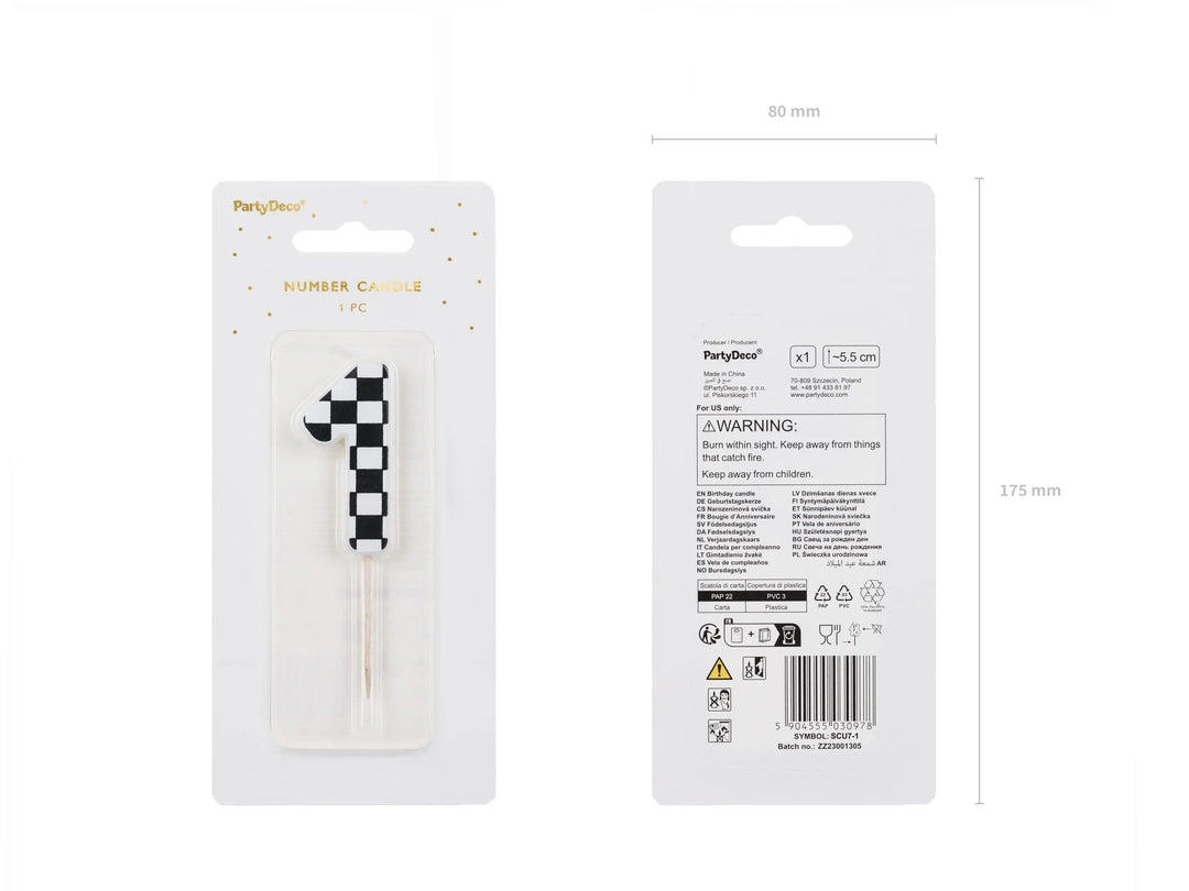 Cake Candle 1 - Checkered Flag Candle - Number 1 Birthday Cake Candle - Racing Car Party - Black & White Candle - Kids Party Decorations - Jolie Fete UK