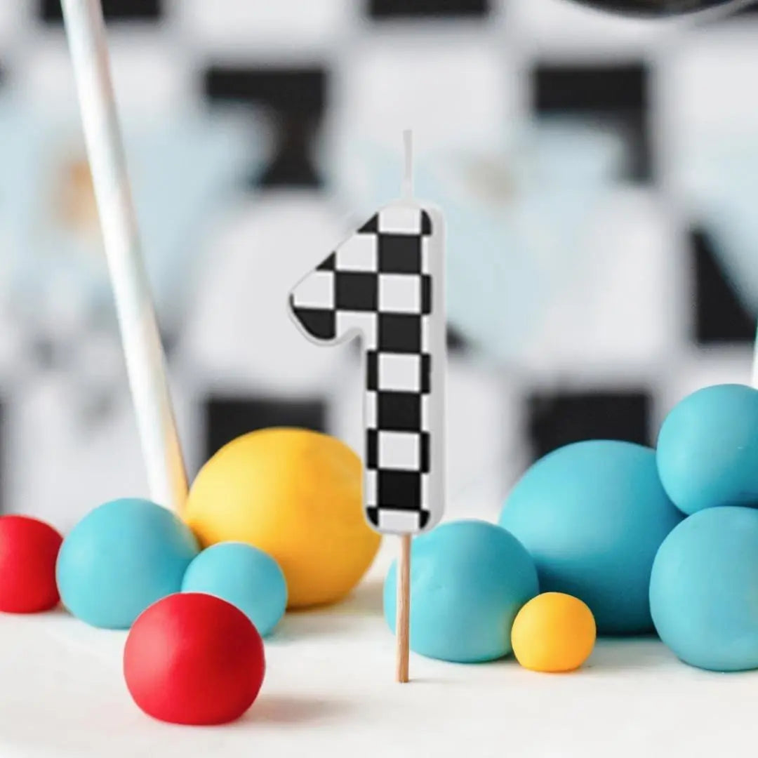 Cake Candle 1 - Checkered Flag Candle - Number 1 Birthday Cake Candle - Racing Car Party - Black & White Candle - Kids Party Decorations - Jolie Fete UK