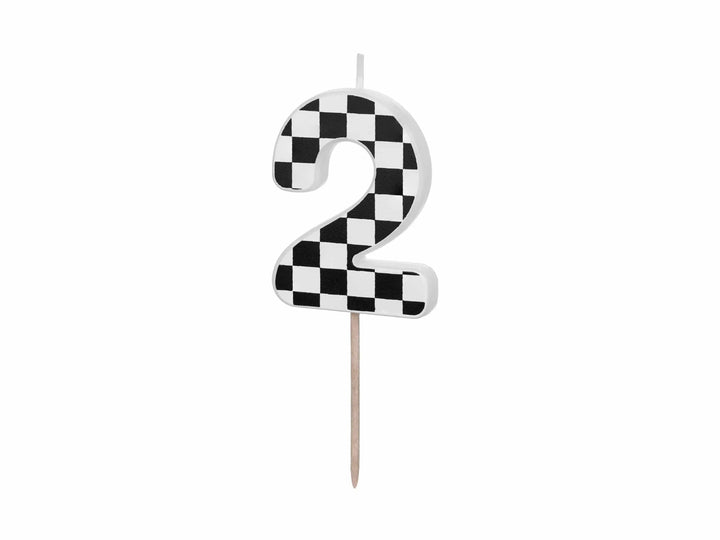 Cake Candle 2 - Checkered Flag Candle - Number 2 Birthday Cake Candle - Racing Car Party - Black & White Candle - Kids Party Decorations - Jolie Fete UK