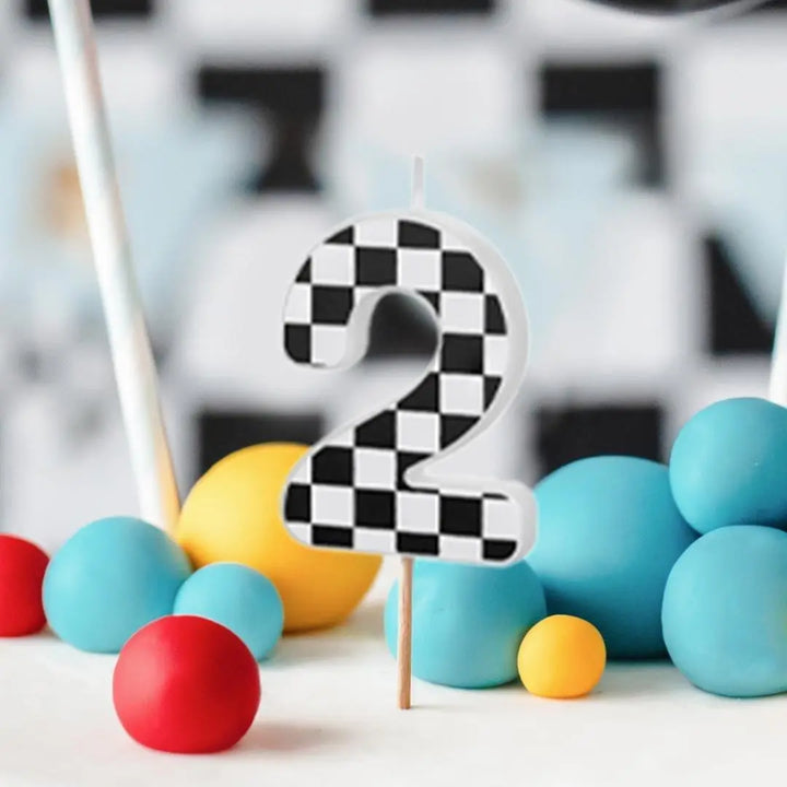 Cake Candle 2 - Checkered Flag Candle - Number 2 Birthday Cake Candle - Racing Car Party - Black & White Candle - Kids Party Decorations - Jolie Fete UK