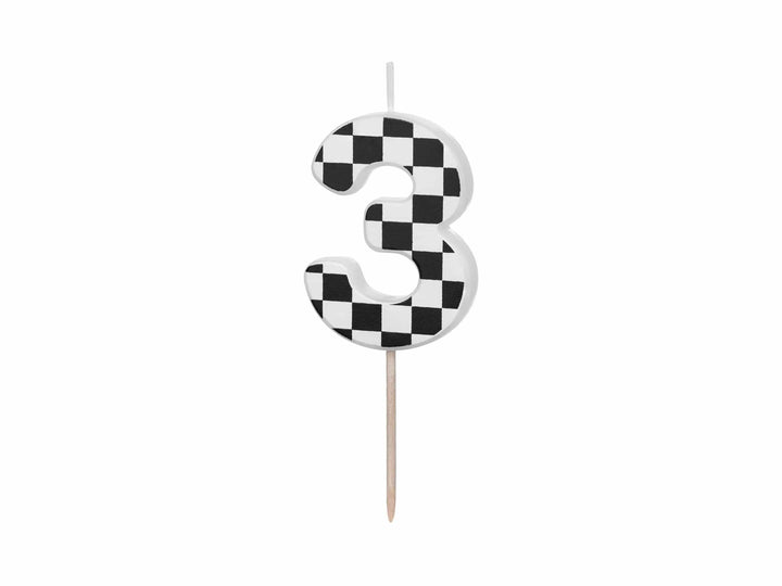Cake Candle 3 - Checkered Flag Candle - Number 3 Birthday Cake Candle - Racing Car Party - Black & White Candle - Kids Party Decorations - Jolie Fete UK