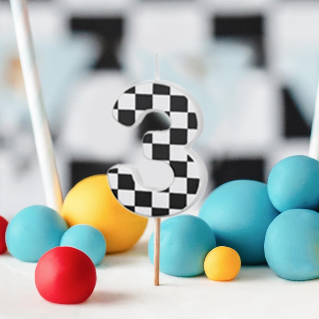 Cake Candle 3 - Checkered Flag Candle - Number 3 Birthday Cake Candle - Racing Car Party - Black & White Candle - Kids Party Decorations - Jolie Fete UK