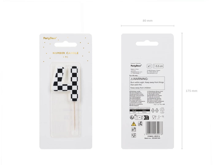 Cake Candle 4 - Checkered Flag Candle - Number 4 Birthday Cake Candle - Racing Car Party - Black & White Candle - Kids Party Decorations - Jolie Fete UK