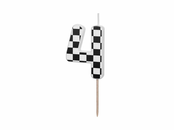 Cake Candle 4 - Checkered Flag Candle - Number 4 Birthday Cake Candle - Racing Car Party - Black & White Candle - Kids Party Decorations - Jolie Fete UK