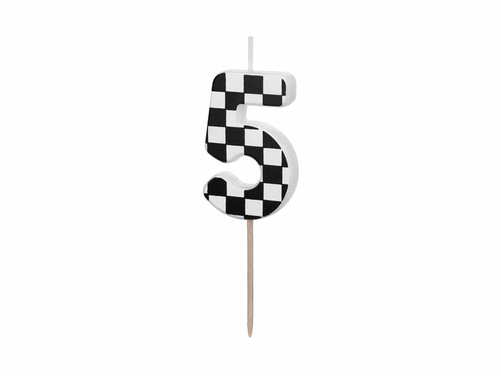 Cake Candle 5 - Checkered Flag Candle - Number 5 Birthday Cake Candle - Racing Car Party - Black & White Candle - Kids Party Decorations - Jolie Fete UK
