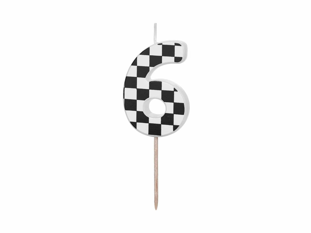 Cake Candle 6 - Checkered Flag Candle - Number 6 Birthday Cake Candle - Racing Car Party - Black & White Candle - Kids Party Decorations - Jolie Fete UK