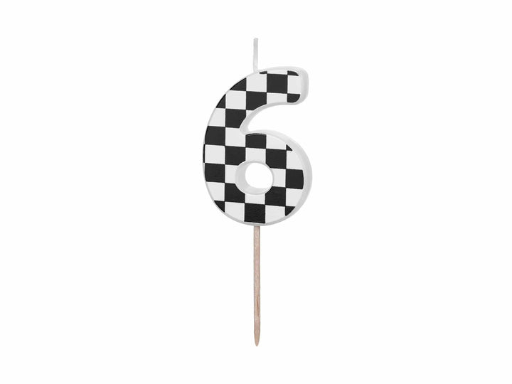 Cake Candle 6 - Checkered Flag Candle - Number 6 Birthday Cake Candle - Racing Car Party - Black & White Candle - Kids Party Decorations - Jolie Fete UK