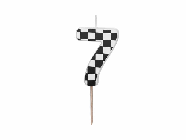 Cake Candle 7 - Checkered Flag Candle - Number 7 Birthday Cake Candle - Racing Car Party - Black & White Candle - Kids Party Decorations - Jolie Fete UK