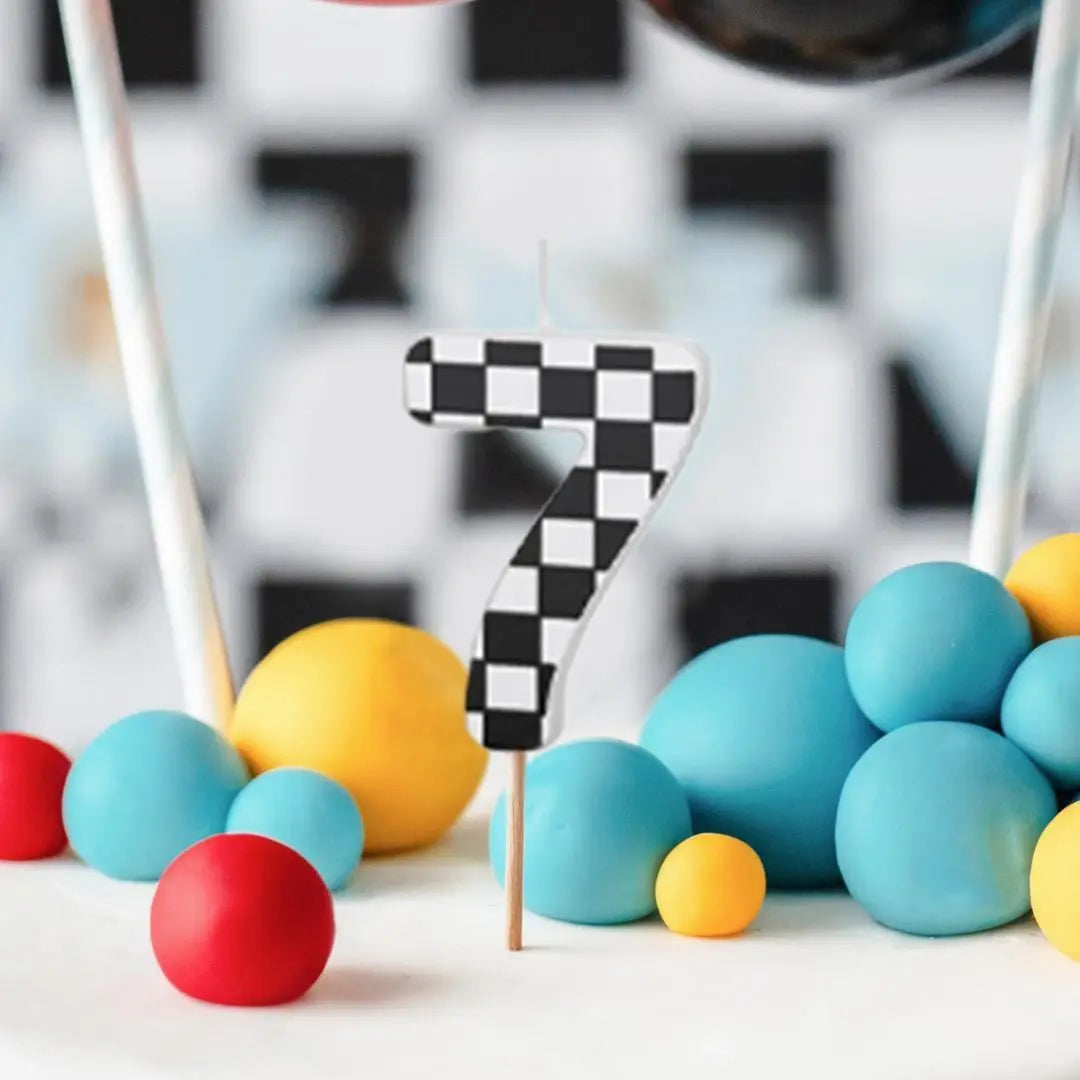 Cake Candle 7 - Checkered Flag Candle - Number 7 Birthday Cake Candle - Racing Car Party - Black & White Candle - Kids Party Decorations - Jolie Fete UK