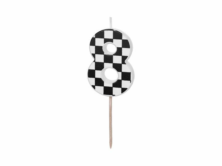 Cake Candle 8 - Checkered Flag Candle - Number 8 Birthday Cake Candle - Racing Car Party - Black & White Candle - Kids Party Decorations - Jolie Fete UK