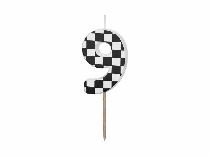 Cake Candle 9 - Checkered Flag Candle - Number 9 Birthday Cake Candle - Racing Car Party - Black & White Candle - Kids Party Decorations - Jolie Fete UK