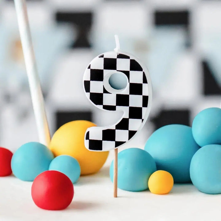 Cake Candle 9 - Checkered Flag Candle - Number 9 Birthday Cake Candle - Racing Car Party - Black & White Candle - Kids Party Decorations - Jolie Fete UK