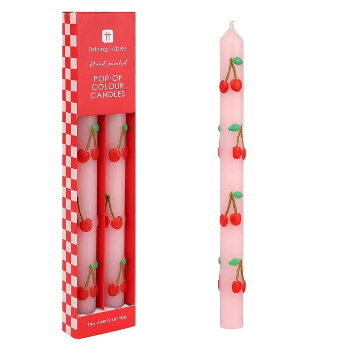 Cherry Dinner Candles - 3D Pink Fruit Taper Candles - Hand Painted Retro Kitsch Decor - Fun Kawaii Gift - Cute Party Tableware - Pack Of 2 - Jolie Fete UK
