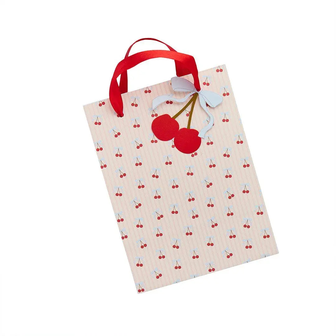 Vintage Cherry Party Bags - Cherries Favour Bags with Satin Ribbon - Coquette Gift Bags - Pink Striped Sweet Treat Bags - 20x15cm -Pack of 4 - Jolie Fete UK