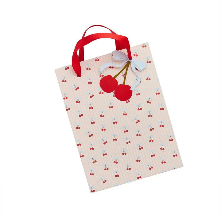 Vintage Cherry Party Bags - Cherries Favour Bags with Satin Ribbon - Coquette Gift Bags - Pink Striped Sweet Treat Bags - 20x15cm -Pack of 4 - Jolie Fete UK