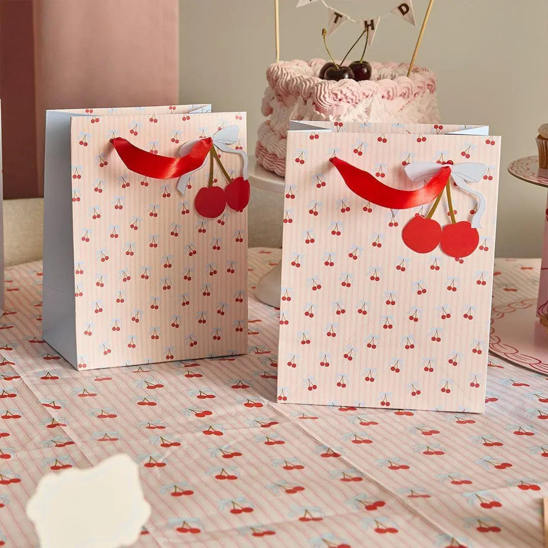 Vintage Cherry Party Bags - Cherries Favour Bags with Satin Ribbon - Coquette Gift Bags - Pink Striped Sweet Treat Bags - 20x15cm -Pack of 4 - Jolie Fete UK