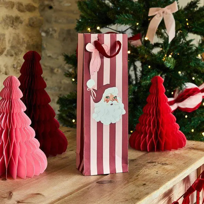 Santa & Stripe Christmas Bottle Gift Bag - Pink and Red Vintage Xmas Wine Bag - Festive Bubbly Bottle Bag - Christmas Gift Wrap - Jolie Fete UK