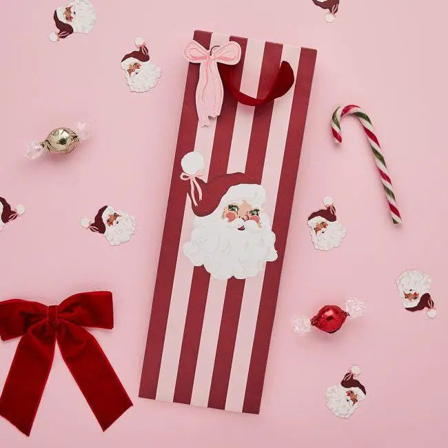Santa & Stripe Christmas Bottle Gift Bag - Pink and Red Vintage Xmas Wine Bag - Festive Bubbly Bottle Bag - Christmas Gift Wrap - Jolie Fete UK
