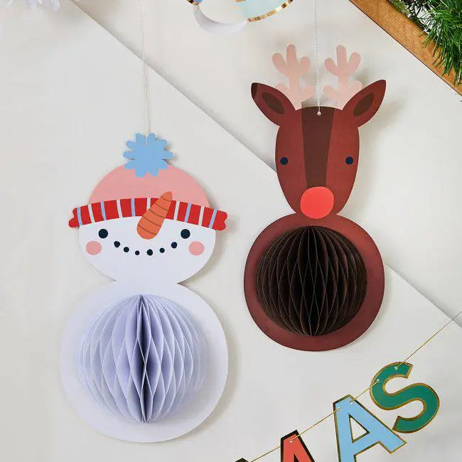 Snowman & Reindeer Honeycomb Decorations - Pack of 2 - Christmas Party Decor - 3D Hanging Xmas Centrepieces - Festive Christmass Decorations - Jolie Fete UK