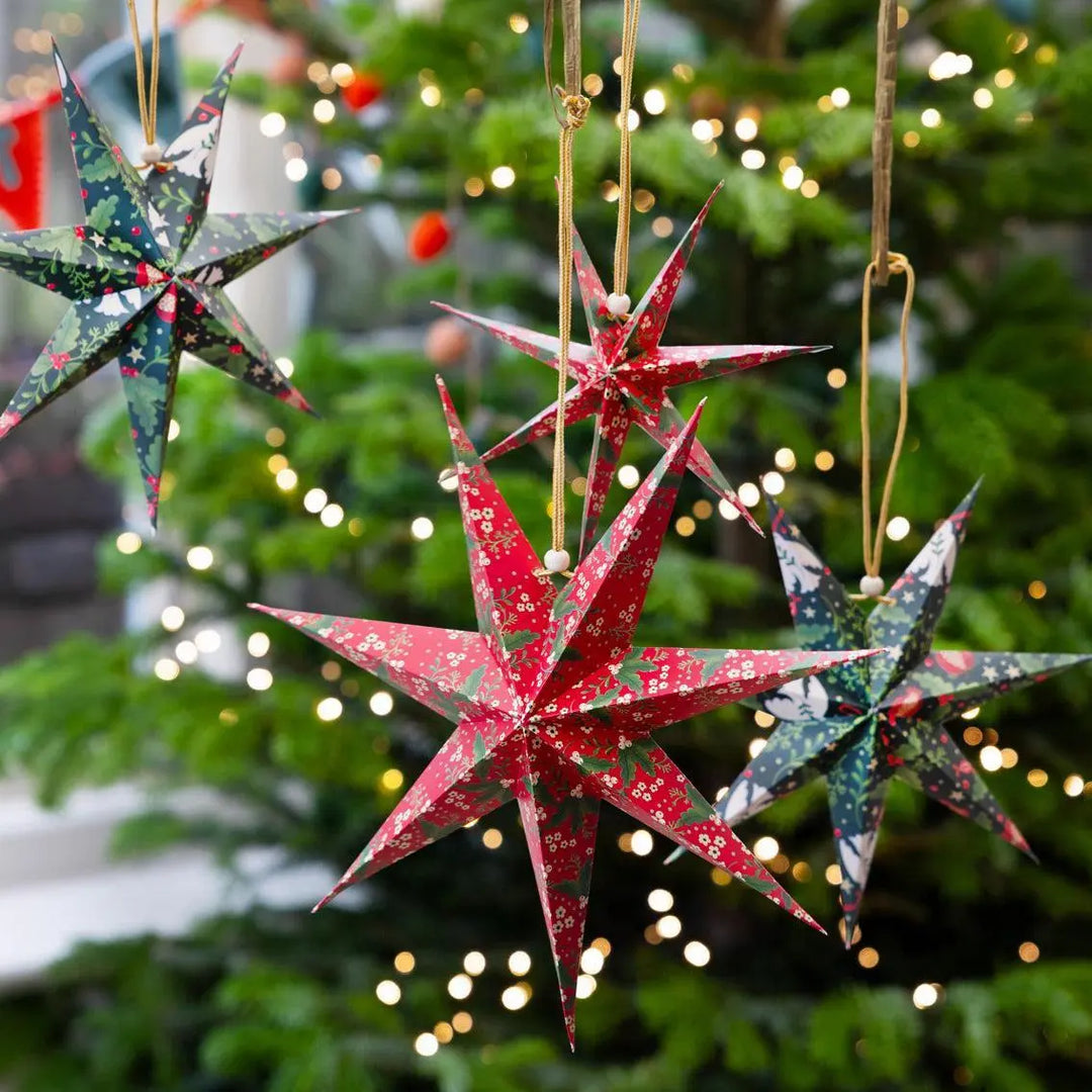 Christmas Paper Stars - Christmas Tree Decorations - Christmas Decorations - Red & Green Decorations - Holiday Decor - 2 Colours - Pack Of 3 - Jolie Fete UK