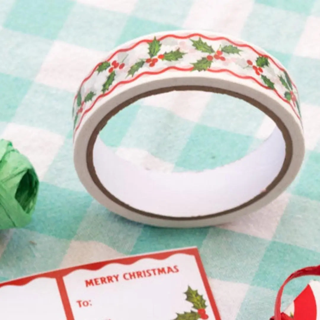 Christmas Tape - White Paper Tape With Holly Leaves Design - Christmas Crafts - Christmas Wrapping - Eco Tape -Sustainable Wrapping-20m Roll - Jolie Fete UK