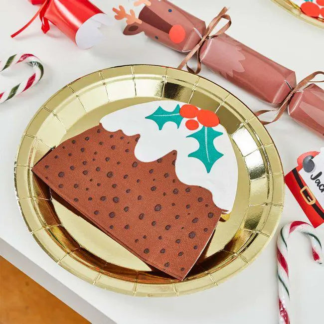 Christmas Pudding Paper Napkins - Pack of 16 - Festive Xmas Table Decor - Christmas Dinner Party Tableware - Holiday Napkin Serviettes - Jolie Fete UK