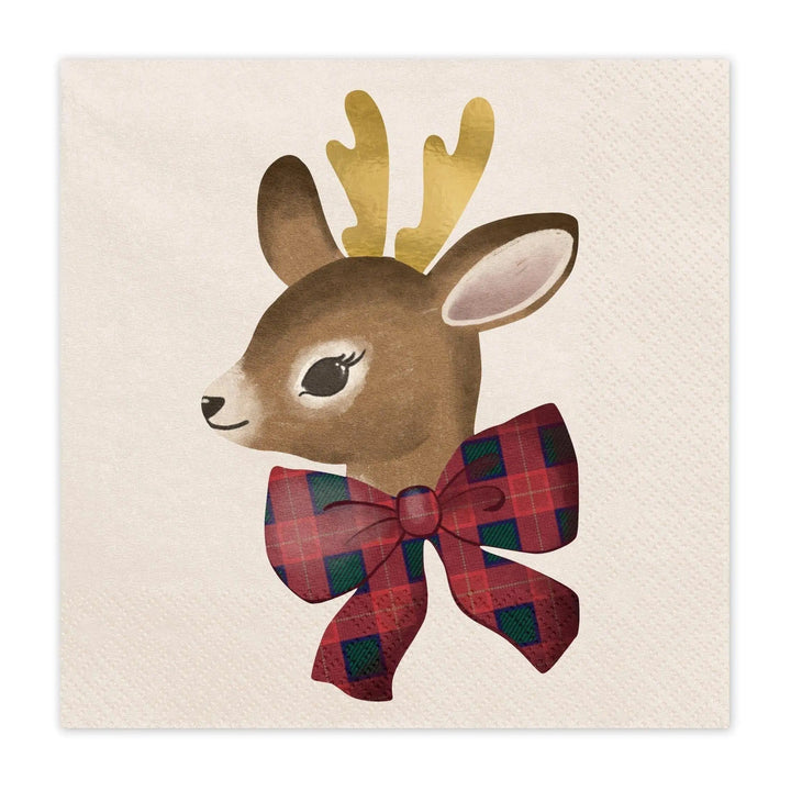 Christmas Reindeer Napkins - Tartan Bow Detail - Christmas Party Supplies - Disposable Paper Napkins - Festive Tableware - Pack Of 12 - Jolie Fete UK