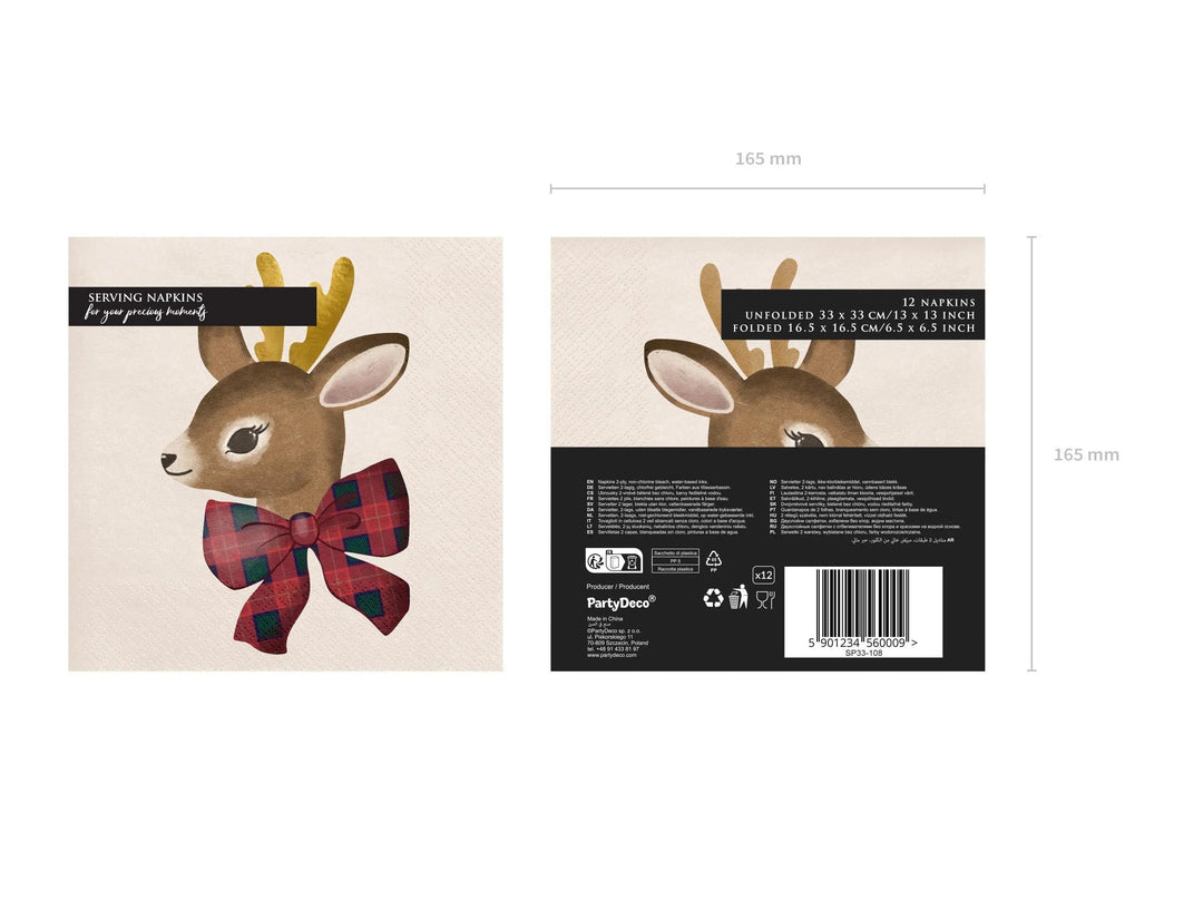 Christmas Reindeer Napkins - Tartan Bow Detail - Christmas Party Supplies - Disposable Paper Napkins - Festive Tableware - Pack Of 12 - Jolie Fete UK