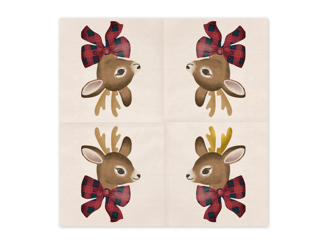 Christmas Reindeer Napkins - Tartan Bow Detail - Christmas Party Supplies - Disposable Paper Napkins - Festive Tableware - Pack Of 12 - Jolie Fete UK