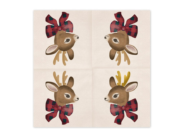 Christmas Reindeer Napkins - Tartan Bow Detail - Christmas Party Supplies - Disposable Paper Napkins - Festive Tableware - Pack Of 12 - Jolie Fete UK