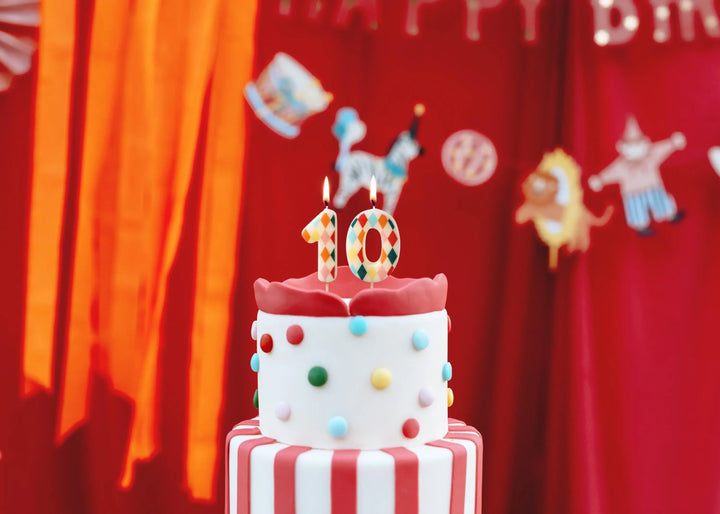 Cake Candle 0 - Rainbow Candles - Number 0 Birthday Cake Candle - Circus Party - Diamond Design - Harlequin Pattern-Kids Party-Multicoloured - Jolie Fete UK
