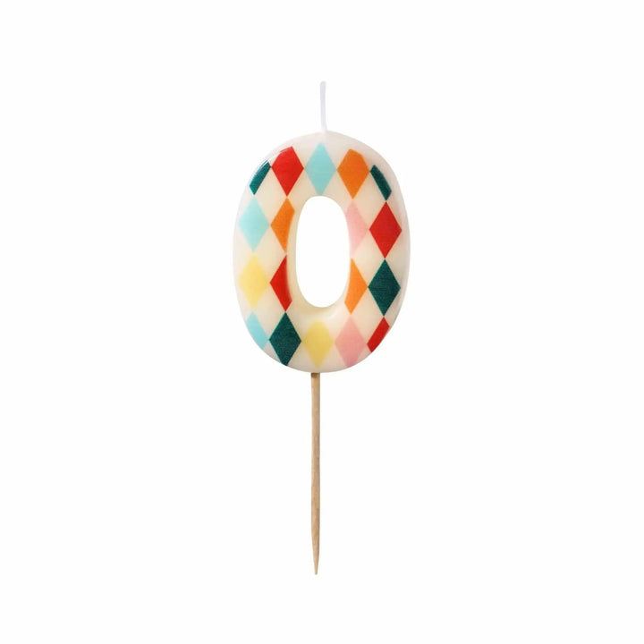 Cake Candle 0 - Rainbow Candles - Number 0 Birthday Cake Candle - Circus Party - Diamond Design - Harlequin Pattern-Kids Party-Multicoloured - Jolie Fete UK