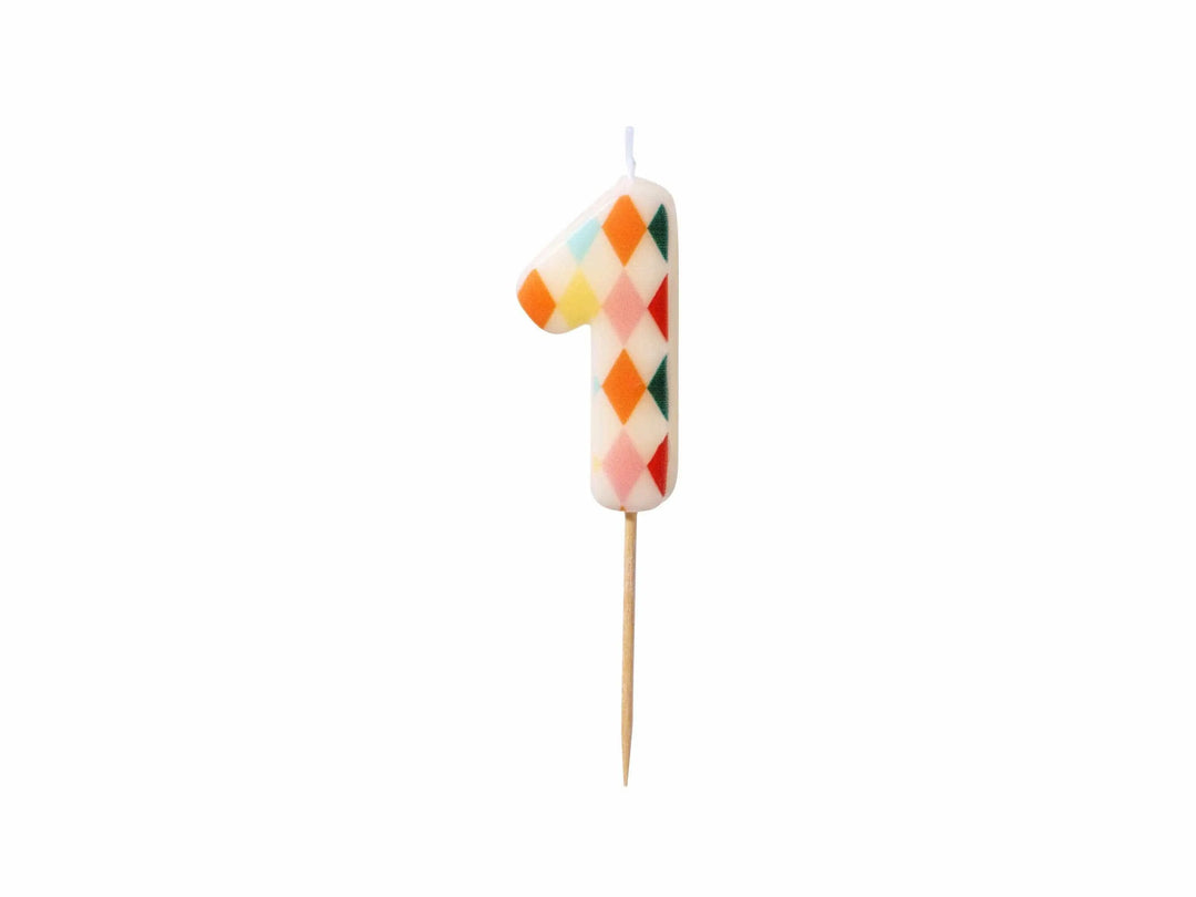 Cake Candle 1 - Rainbow Candles - Number 1 Birthday Cake Candle - Circus Party - Diamond Design - Harlequin Pattern-Kids Party-Multicoloured - Jolie Fete UK