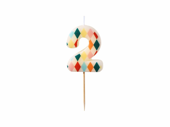 Cake Candle 2 - Rainbow Candles - Number 2 Birthday Cake Candle - Circus Party - Diamond Design - Harlequin Pattern-Kids Party-Multicoloured - Jolie Fete UK