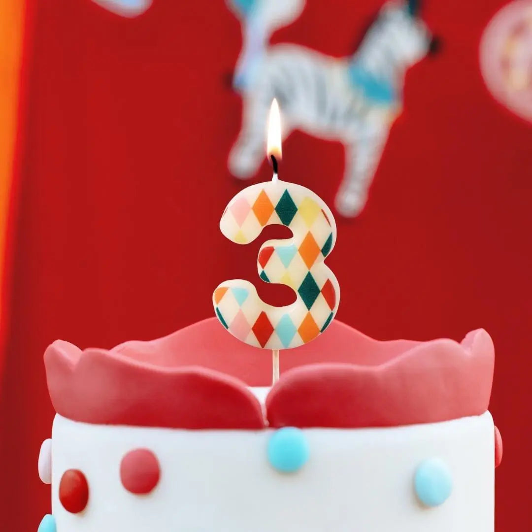Cake Candle 3 - Rainbow Candles - Number 3 Birthday Cake Candle - Circus Party - Diamond Design - Harlequin Pattern-Kids Party-Multicoloured - Jolie Fete UK