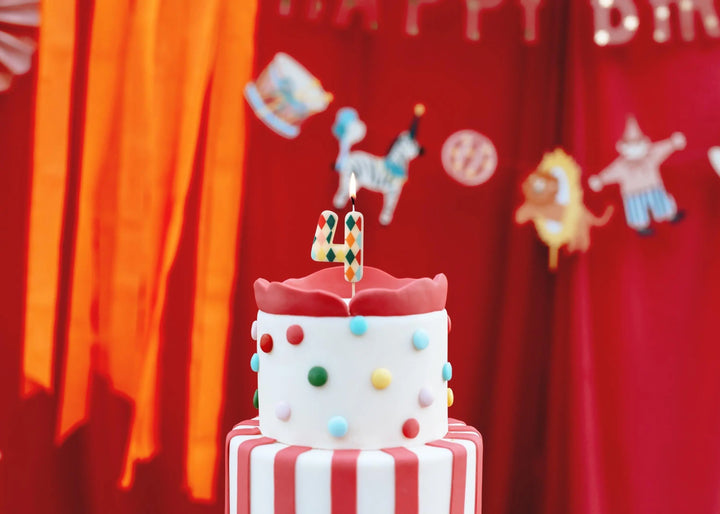 Cake Candle 4 - Rainbow Candles - Number 4 Birthday Cake Candle - Circus Party - Diamond Design - Harlequin Pattern-Kids Party-Multicoloured - Jolie Fete UK