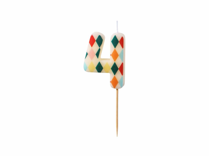 Cake Candle 4 - Rainbow Candles - Number 4 Birthday Cake Candle - Circus Party - Diamond Design - Harlequin Pattern-Kids Party-Multicoloured - Jolie Fete UK