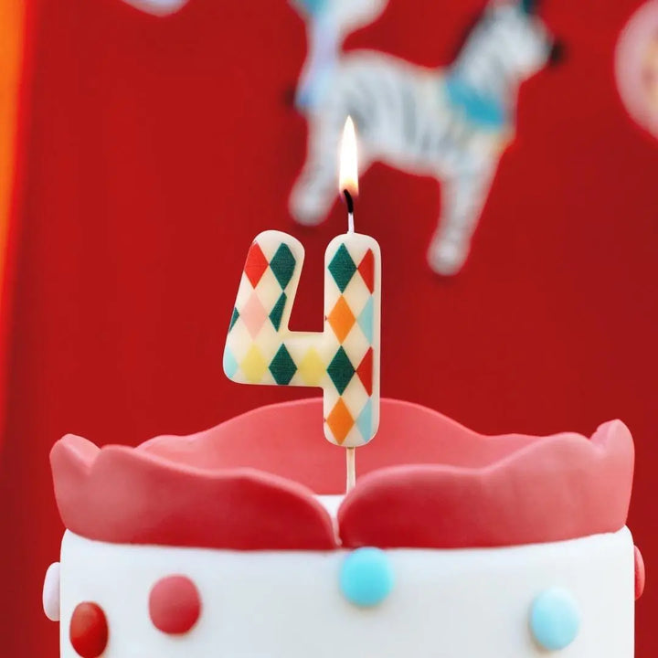 Cake Candle 4 - Rainbow Candles - Number 4 Birthday Cake Candle - Circus Party - Diamond Design - Harlequin Pattern-Kids Party-Multicoloured - Jolie Fete UK