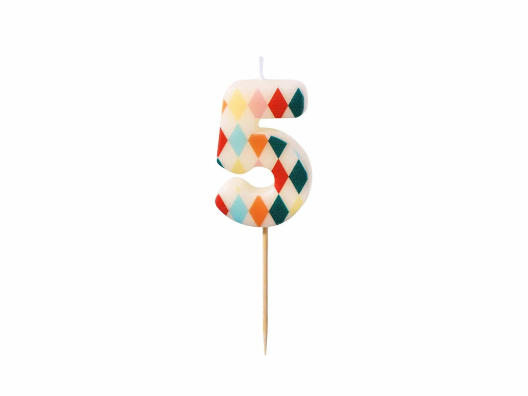 Cake Candle 5 - Rainbow Candles - Number 5 Birthday Cake Candle - Circus Party - Diamond Design - Harlequin Pattern-Kids Party-Multicoloured - Jolie Fete UK