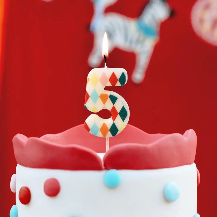 Cake Candle 5 - Rainbow Candles - Number 5 Birthday Cake Candle - Circus Party - Diamond Design - Harlequin Pattern-Kids Party-Multicoloured - Jolie Fete UK