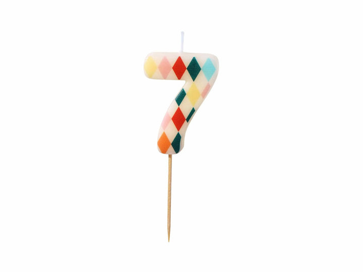 Cake Candle 7 - Rainbow Candles - Number 7 Birthday Cake Candle - Circus Party - Diamond Design - Harlequin Pattern-Kids Party-Multicoloured - Jolie Fete UK