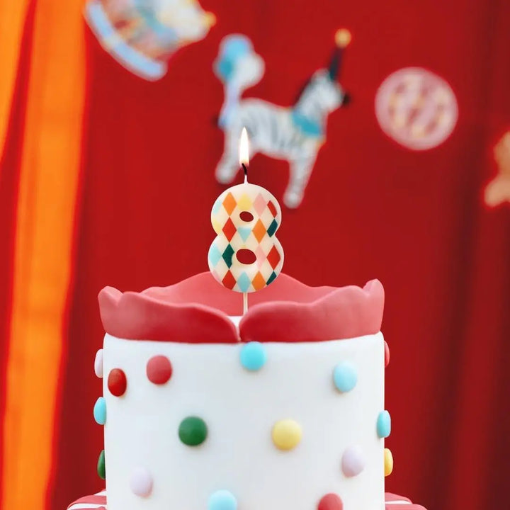 Cake Candle 8 - Rainbow Candles - Number 8 Birthday Cake Candle - Circus Party - Diamond Design - Harlequin Pattern-Kids Party-Multicoloured - Jolie Fete UK