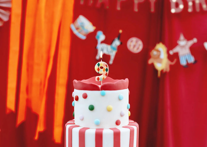 Cake Candle 9 - Rainbow Candles - Number 9 Birthday Cake Candle - Circus Party - Diamond Design - Harlequin Pattern-Kids Party-Multicoloured - Jolie Fete UK